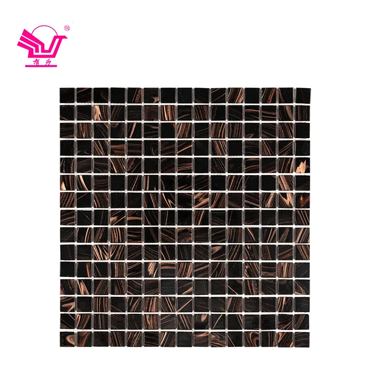 Cheaper price black house decoration gold lines hot melt style bathroom square pure glass mosaic wall tile