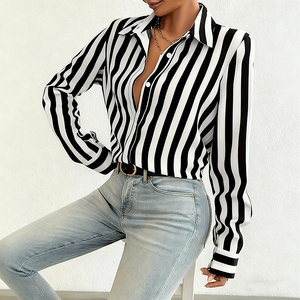 Camicia <span class=keywords><strong>elegante</strong></span> da <span class=keywords><strong>donna</strong></span> a righe con bottoni, a maniche lunghe, design opaco, a righe bianche e nere - Product Image 5