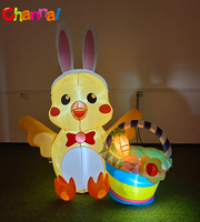 Ornement de jardin gonflable de Pâques : Poussin jaune avec serre-tête oreilles de lapin, panier de fleurs gonflable, carotte et lumière LED