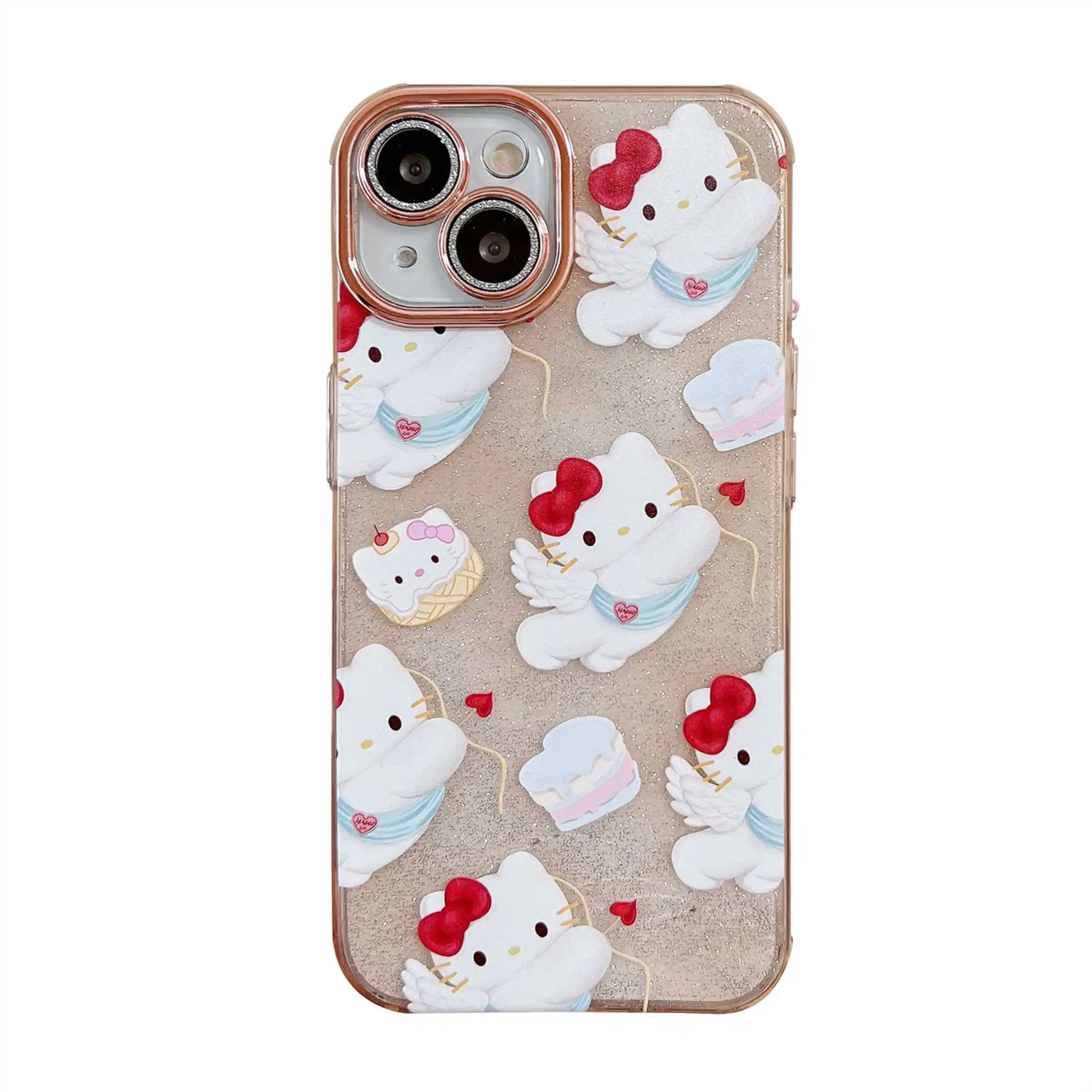 Anaglyph casing penutup belakang tahan guncangan, casing cincin lensa bor papan belakang glitter bening malaikat lucu KT untuk iphone11 12 13 14 15pro max