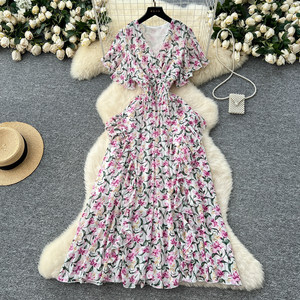 Cruz francesa cuello en V manga corta cintura volante floral mujeres verano vestidos elegantes - Product Image 1