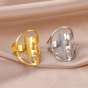 Cincin hewan baja tahan karat berongga lucu cincin jari berlapis emas kucing padat cincin kucing modis dapat disesuaikan untuk pria wanita