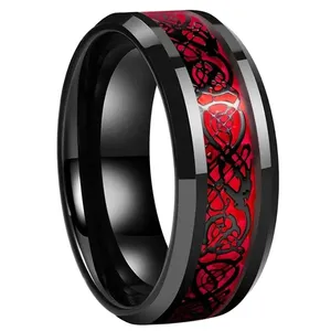 启发珠宝不锈钢个性雕刻8毫米红色、绿色或紫色凯尔特龙镶嵌黑色钨男女通用戒指