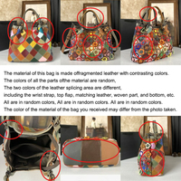 Tas Tangan Wanita Kulit Asli Motif Retro dengan Aplikasi Ritsleting, Lapisan Atas Kulit Sapi, Sambungan Kulit, Kapasitas Besar, Motif Bunga Berwarna-warni