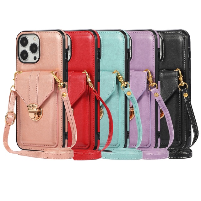 Luxury Fashion Card Holder Leather case for iPhone 17 PROMAX 16 Cross-body Strap Elegant Lady's Mobile Phone Cover