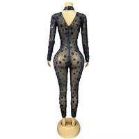 Combinaison de danse sexy pour femme, en maille transparente noire avec strass étincelants, pour spectacle de chanteuse, danseuse, fête, show, bling-bling