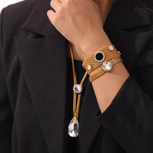 Conjunto de Collar y Pulsera de Acero Inoxidable con Incrustaciones de Circonita, Estilo Europeo Americano, Chapado en Plata/Oro HWASAN, Geométrico - Product Image 2