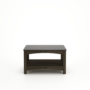 Table basse carrée moderne en verre noir avec cadre en bois et étagère de rangement ouverte - Product Image 1