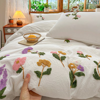 Parure de lit en coton lavé 3/4 pièces, super douce, respirante, broderie florale, pour toutes les saisons, maison et hôtel