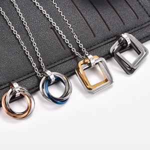 Collier élégant en acier inoxydable plaqué or, pendentif carré punk à trois cercles, breloques géométriques unisexes, accessoires de bijoux - Product Image 1