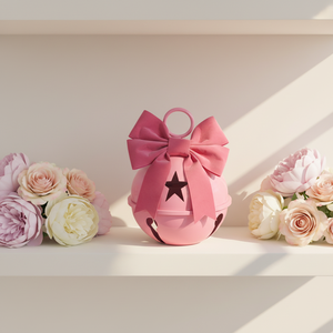 Campana Decorativa in Ferro Rosa e Verde con Grande Fiocco e Ritagli a Stella per Vetrine, Patio e Portico, Decorazione Festiva, Campana Natalizia Rosa - Product Image 1