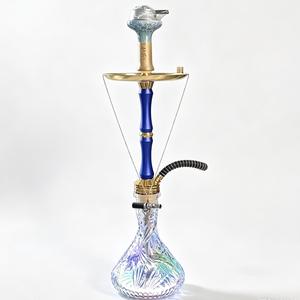 Blue Glass Hookah Modern Shisha Pipe Gold Tone Metal Base Clear Carved Bottle Lounge <b>Bar</b> Use - Product Image 1