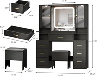 Ventes Flash Usine Meubles Coiffeuses Modernes en Bois Noir avec Grand Miroir Éclairé, 7 Tiroirs, Multiprise et Éclairage Réglable