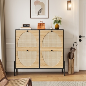 Zapatero de ratán con 4 puertas abatibles, elegante y estrecho, para entradas y pasillos - Product Image 1