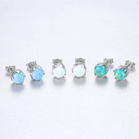Boucles d'oreilles clous en argent sterling 925 avec opale bleue, boucles d'oreilles rondes en opale de feu, bijoux fins minimalistes pour femmes