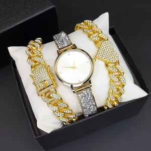 Women <b>Watch</b> and Two Bracelets Set Quartz Alloy Round Dial Rhinestone Inlaid Cuban Link Luxury Style - Product Image 3