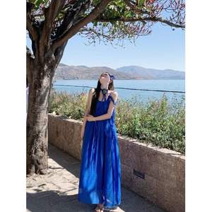 Vestido Largo de Verano para Mujer, Estilo Francés, Cuello Mandarín, Estampado con Personajes, Tejido, Corte en A, Hombros Descubiertos, Poliéster/Algodón, Transpirable, Color Azul - Product Image 3