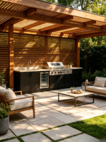 Îlot de cuisine extérieur moderne en acier inoxydable noir avec pergola, barbecue au gaz naturel à allumage électronique intégré