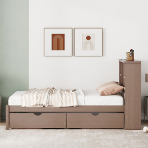Modern Twin Size Bed Frame with 2 Storage Drawers & <b>Bookcase</b> Headboard Sturdy <b>Solid</b> Walnut <b>Wood</b> for Spring Bedrooms & Apartments - Product Image 4