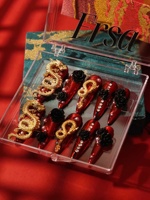Nouvelles pointes d'ongles en acrylique 3D style chinois, base rouge, dragon doré, perle rose, personnalisables, vente en gros, forme amande longue, à presser