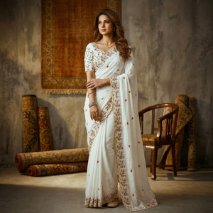 Sari de Seda Blanco Bordado con Borde Floral, Tradicional Indio para Bodas y Fiestas, Corte Regular para Mujer, Largo hasta el Suelo - Product Image 1