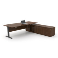 Bureau debout électrique modulaire moderne et durable en forme de L avec double moteur et armoire de rangement intégrée