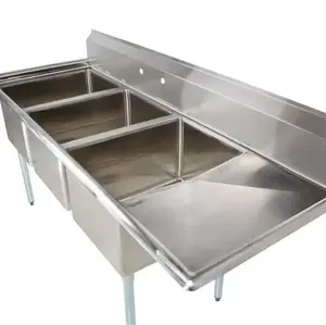 Freestanding 304 Stainless Steel Commercial 3 Compartment Sink With Dual Drainboards For Restaurant Kitchen