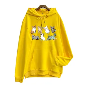 Grosir 95% katun 5% spandeks cetak digital 400 gsm kelas berat drop bahu kuning hoodies untuk pria