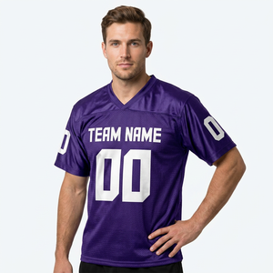 Maillot de football américain personnalisé pour homme, violet, col en V, manches courtes, imprimé par sublimation, respirant, en mesh, avec nom d'équipe - Product Image 1