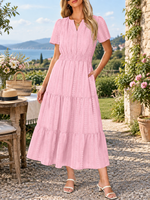Nouvelle arrivée, robe midi brodée à manches courtes et col en V, style européen et américain, pour femmes, robe décontractée pour les vacances d'été, ODM/OEM