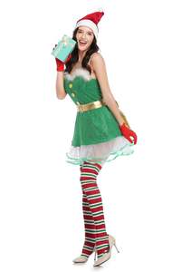 Disfraces de Papá Noel elfo verde Sexy de lujo para mujeres adultas, vestido elegante de encaje de Navidad con hombros descubiertos, <span class=keywords><strong>disfraz</strong></span> de fiesta de Cosplay de Navidad - Product Image 3