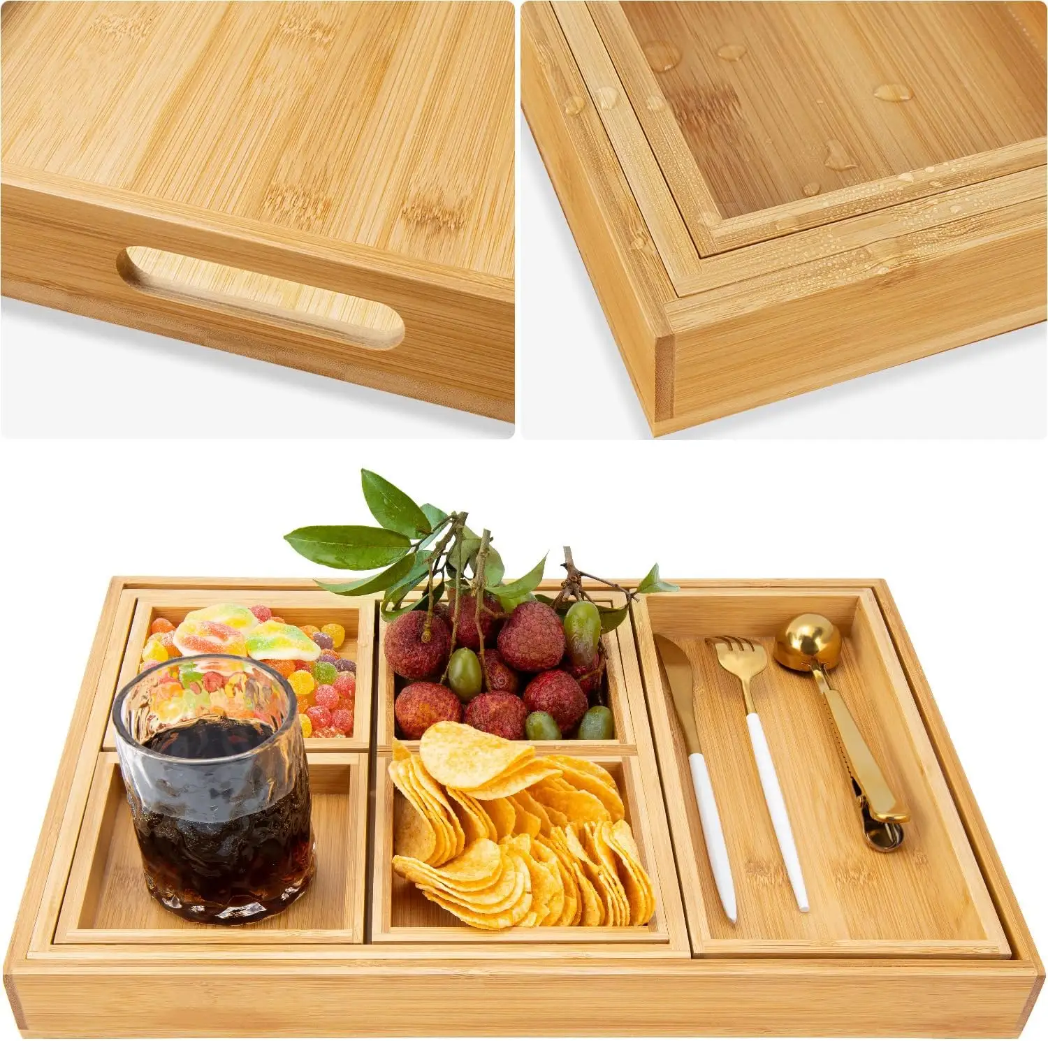 Luxury 7 pieces Bamboo Wooden Serving Trays Nesting Multipurpose Trays Rectangular Serving Trays with Handle and Multi Size