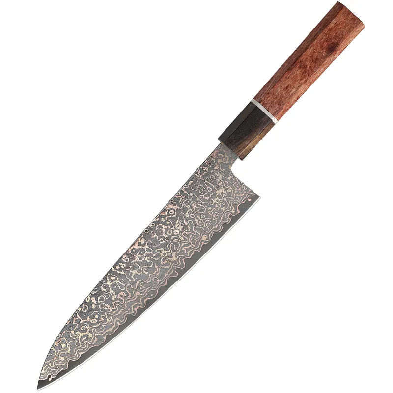 Novo Tricolor Cobre Damasco Aço 8 polegada Cozinha Chef Faca com Octogonal Ébano WoodHandle