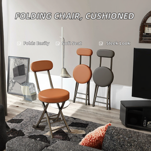 كرسي قابل للطي بتصميم تقليدي مع مقعد معدني مغطى بالجلد الصناعي ووسادة سميكة للاستخدام في غرف النوم والشقق وغرف المعيشة، مناسب للاستخدام الداخلي والخارجي في المنزل - Product Image 2