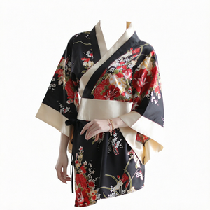 Robe de nuit kimono japonaise en satin de soie 100% pour femmes, motif floral, manches trois quarts, respirante, séchage rapide, élégante pour l'été - Product Image 1