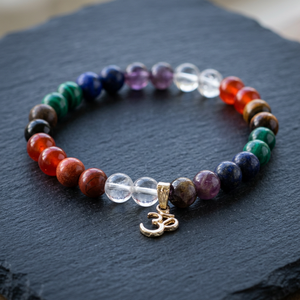Bracelets classiques de haute qualité en agate sept chakras de 8 mm plaqués rhodium avec charme Om - Product Image 3