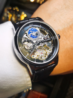 Forsining Montre mécanique squelette de luxe pour homme Montre automatique à double fuseau horaire Bracelet en cuir véritable Phase de lune