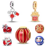 Pendentifs Perles en Argent 925 pour la Série du Nouvel An pour Enfants, Motifs Danse du Lion, Lanterne Rouge et Chat Porte-Bonheur, Meilleures Ventes Transfrontalières
