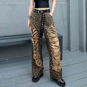 Lady Jean Pants Fashion Women's Denim Jeans Personality Leopard Print Wide-Leg Jeans Female 2023 Summer Straight-Leg Trousers