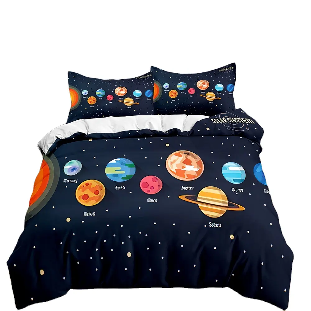 Juego de ropa de cama con estampado de dibujos animados de planetas, edredón de poliéster con diseño de universo Solar, tamaño de 2/3 unidades