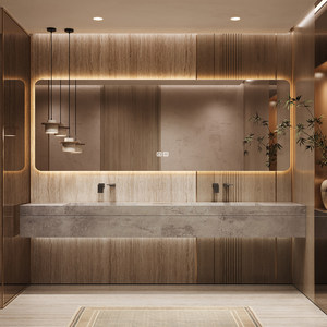 Meuble de salle de bain intelligent avec miroir LED intégré, vasque simple ou double sans joint, et plan de travail en pierre intégré. - Product Image 1