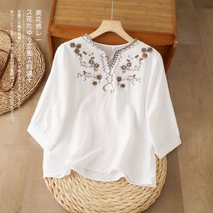 Pink Cotton Linen Embroidered V-Neck Loose Mid-Sleeve Blouse For Women Casual Everyday Wear - Product Image 3