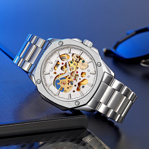 Octagonal hollow <b>automatic</b> mechanical men's wristwatch with solid steel strap and water-resistant function - Product Image 5