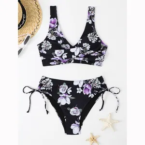 Bajo MOQ Bikini estampado personalizado Colores deportivos Mujeres Traje de baño Diseño libre Tallas grandes Producción de trajes de baño