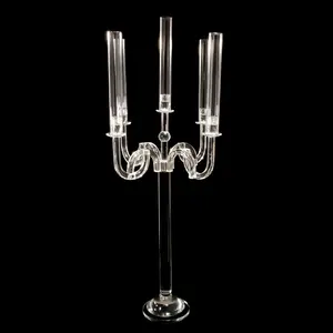 MH-Z206 5 Arms Glazen Kandelaar Met Glas Orkaan Glas Kaars Houder Crystal Bruiloft Middelpunt