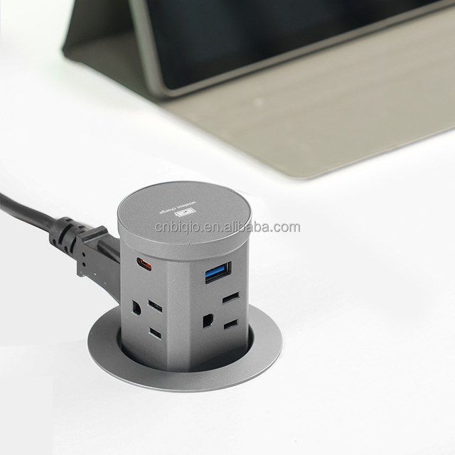 Table Mount Pop up Electrical Socket with 4 Outlets 4 USB Ports,  Desktop Power Grommet for Home Office Furniture  (Grey)