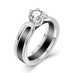 Ceramic <b>Ring</b> 6MM Zircon Set Black White <b>Couple</b> <b>Ring</b> Prong Setting Engagement Women's Jewelry - Product Image 2
