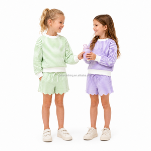 Shorts Striped <b>Drawstring</b> Cotton Girls Sweatshirt Set Wholesale Custom Color Custom Size Private Label - Product Image 5