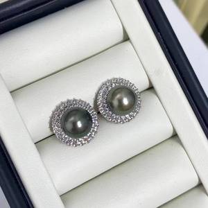 925 Sterling <b>Silver</b> Halo <b>Stud</b> <b>Earrings</b> 10-11mm Natural Color Tahitian Pearl <b>Earrings</b> High Luster Front Flawless Seawater Pearl - Product Image 4