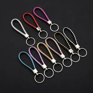 Braided Pu Leather Woven PU rope Metal Keychain Rings Circle Pendant Key Chains Holder Car Keyrings Strap Keychain